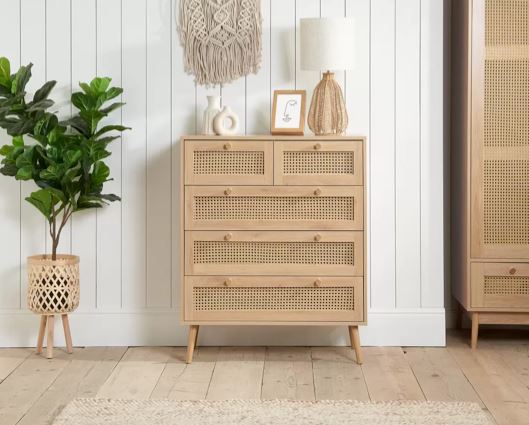 Croxley 5 Drawer Rattan Chest- Oak
