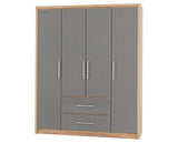 Santos 4 Door 2 Drawer Wardrobe - Grey High Gloss/Light Oak Effect Veneer