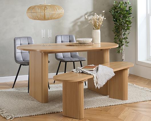 Axel Oval Fluted Dining Table with 2 Fabric Chairs and 1 Bench - Oak