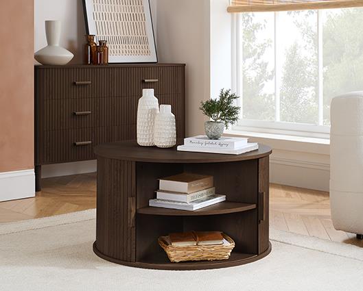 Axel Round Fluted Coffee Table with Storage - Walnut