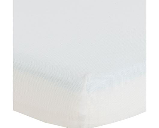 A close-up of a white fitted sheet with a fine mesh texture draped over the corner of a mattress.