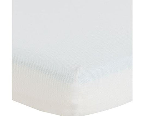 A close-up of a white fitted sheet with a fine mesh texture draped over the corner of a mattress.