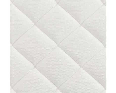 Close-up of a white quilted mattress fabric surface with stitched diamond panels.