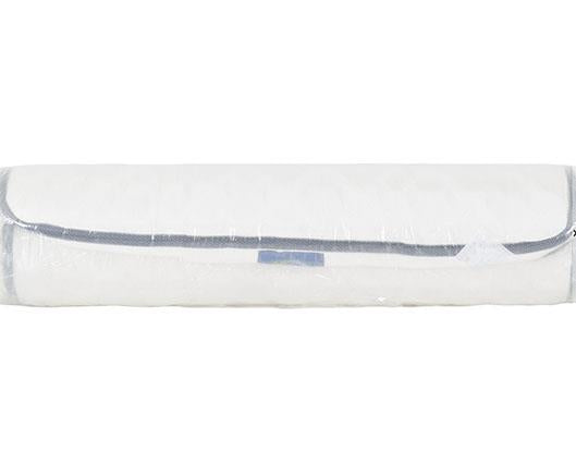 A white cylindrical mattress wrapped in clear plastic packaging, shown horizontally against a plain white background.