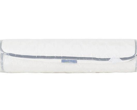 A white cylindrical mattress wrapped in clear plastic packaging, shown horizontally against a plain white background.