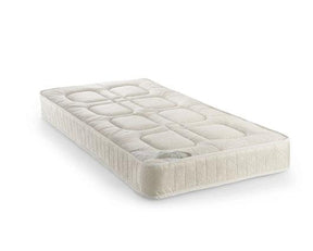 A single bed mattress with a quilted top and ribbed sides, shown at an angle on a plain white background.