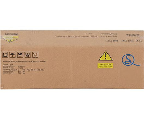 A flat brown cardboard box with printed handling icons, a yellow warning label, and a blue stylized logo on a white background.