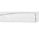 A white cylindrical mattress product, wrapped in clear plastic packaging with a gray stripe detail, shown against a plain white background.