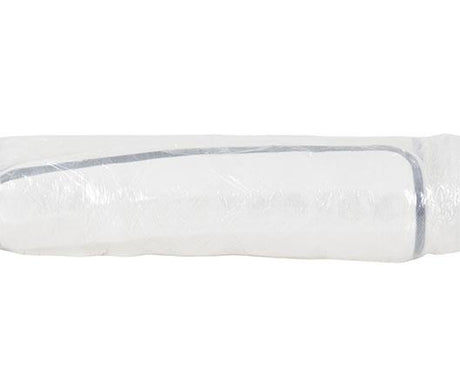 A white cylindrical mattress product, wrapped in clear plastic packaging with a gray stripe detail, shown against a plain white background.