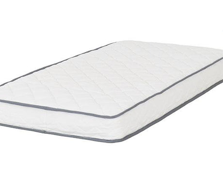 A white quilted mattress with a diamond-stitched pattern and gray piping trim, shown on a plain white background.