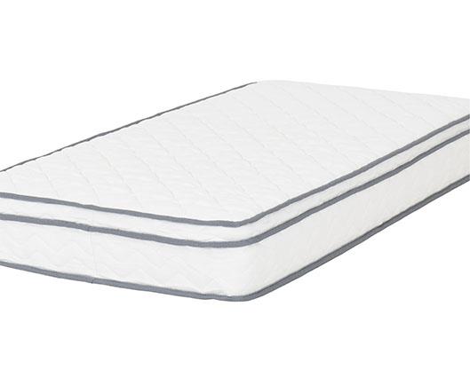 image showing a white roll up mattress with grey outlined edging on a clean white back ground.