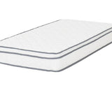 image showing a white roll up mattress with grey outlined edging on a clean white back ground.