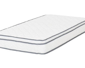 image showing a white roll up mattress with grey outlined edging on a clean white back ground.
