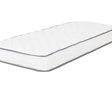 A white quilted mattress with a diamond-stitched pattern and gray piping trim, shown at an angle on a plain white background.