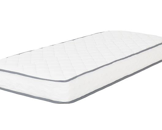 A white quilted mattress with a diamond-stitched pattern and gray piping trim, shown at an angle on a plain white background.