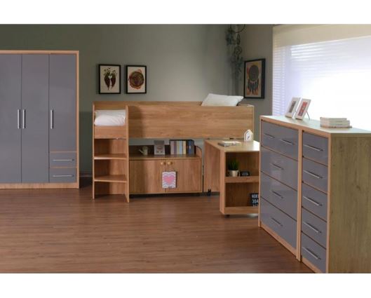 Santos 3 Door 2 Drawer Wardrobe - Grey High Gloss/Light Oak Effect Veneer