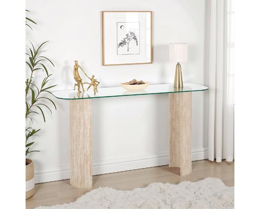 MODENA CONSOLE TABLE - CLEAR GLASS/CREAM MARBLE EFFECT