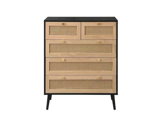 Catalina 5 Drawer Rattan Chest- Black