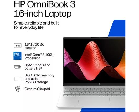 HP OmniBook 3 16" Laptop - Intel Core 3, 256 GB SSD, Silver