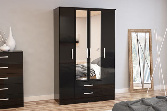 Larz 4 Door 2 Drawer Wardrobe With Mirror - Black