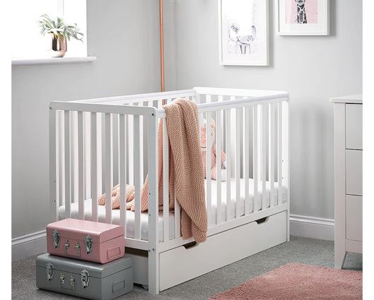 Simple Cot Bed, Under Drawer + Fibre Mattress - White