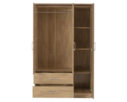 Cordell 3 Door 2 Drawer Mirrored Wardrobe - Oak Effect Veneer with Walnut Trim