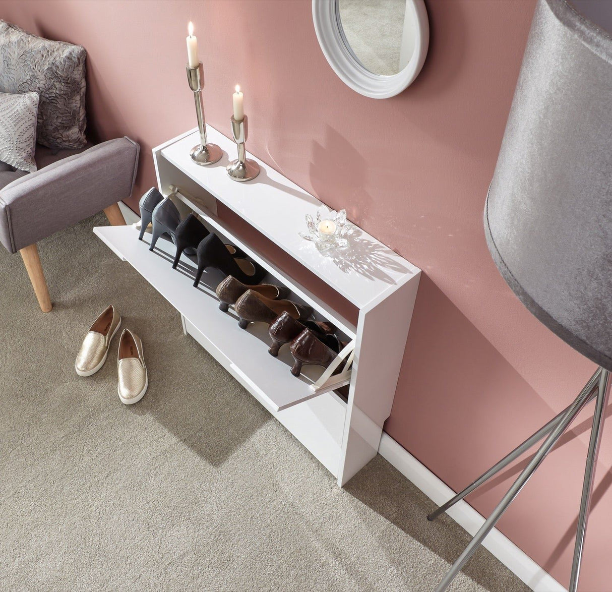Slim High Gloss 2 Tier Shoe Cabinet-White