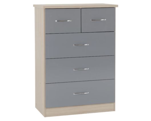 Neptune 3+2 Drawer Chest - Grey Gloss/Light Oak Effect Veneer