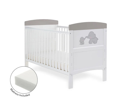 Elephants Grey Cot Bed + Fibre Mattress