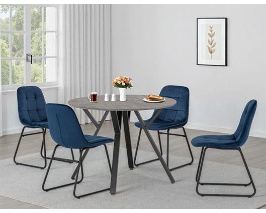 ATHENS ROUND & LUKAS DINING SET (X4 CHAIRS) - CONCRETE/SAPPHIRE BLUE VELVET