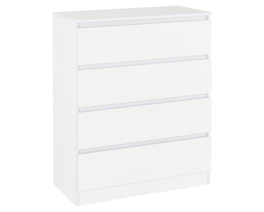 A white four-drawer chest of drawers with a minimalist, modern design, shown on a plain white background.