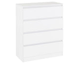 A white four-drawer chest of drawers with a minimalist, modern design, shown on a plain white background.