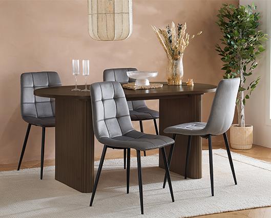 Axel Oval Fluted Dining Table with 4 Fabric Chairs - Walnut