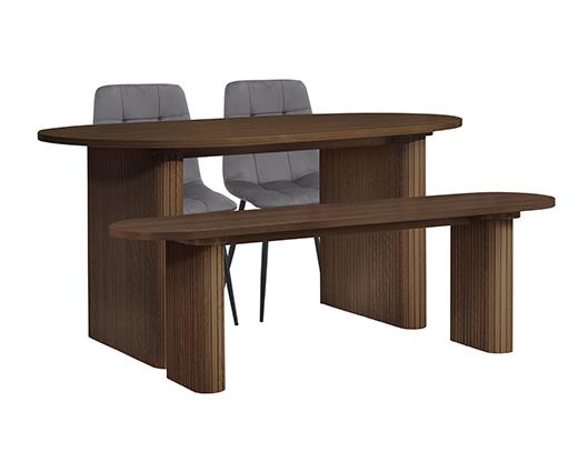Axel Oval Fluted Dining Table with 2 Fabric Chairs and 1 Bench - Walnut