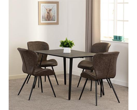 MARLOW & QUEBEC DINING SET (X4 CHAIRS) - BLACK MARBLE/BROWN FAUX LEATHER