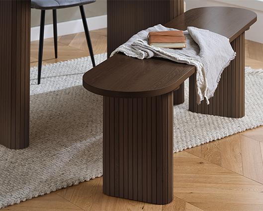 Axel Oval Fluted Dining Table with 2 Fabric Chairs and 1 Bench - Walnut