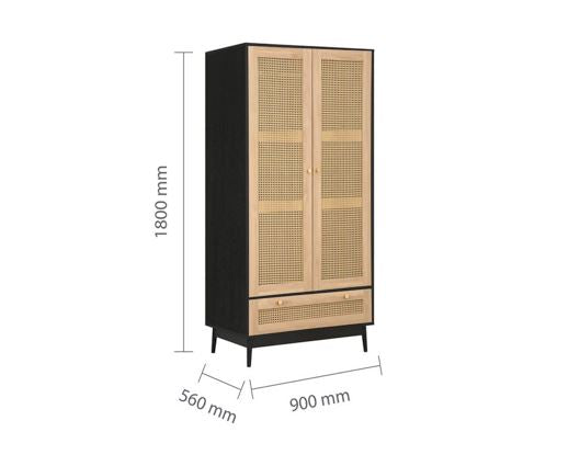 Catalina 2 Door 1 Drawer Rattan Wardrobe- Black