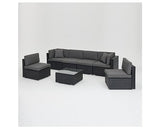 7 Pcs Black Rattan Lounge Grey Cushions