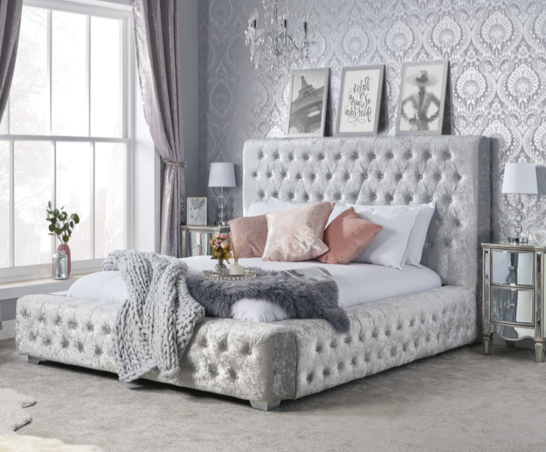 Grande Double Bed - Steel Crushed Velvet