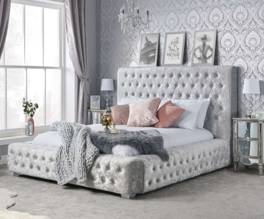 Grande Double Bed - Steel Crushed Velvet