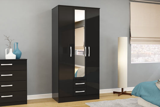 Larz 3 Door 2 Drawer Wardrobe With Mirror - Black