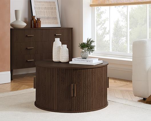 Axel Round Fluted Coffee Table with Storage - Walnut