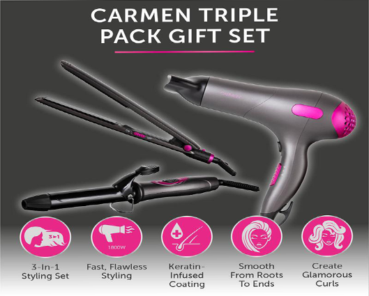 Carmen Neon Triple Pack Gift Set with Hair Dryer, Curling Tong and Hair Straightener