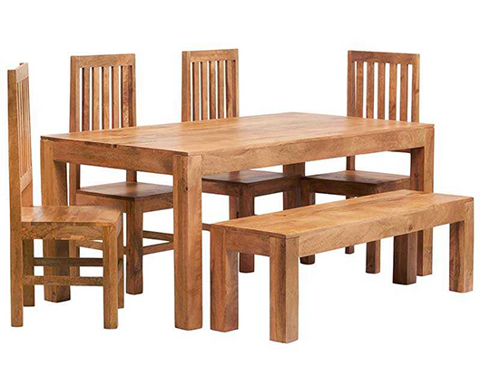 Tyler Light Mango 6 FT Dining Set with Bench & 4 Slatted Chairs