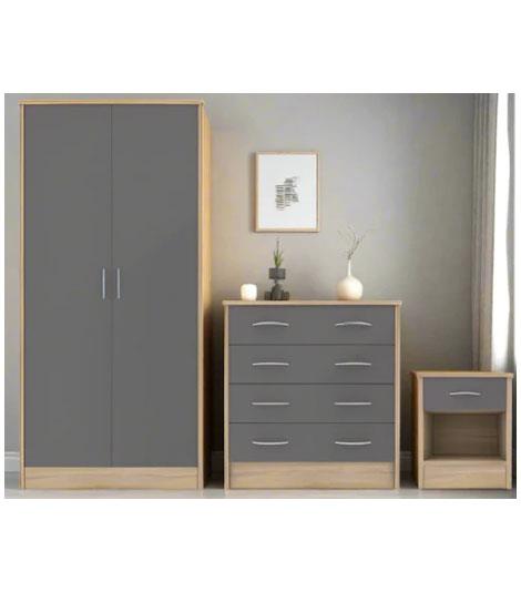 Bardalona Trio Wardrobe, Chest & Bedside Grey Gloss