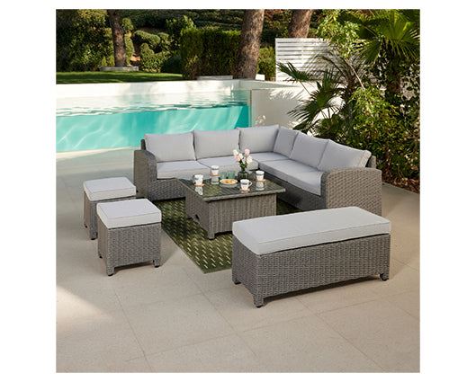 Hadley D.GreyRattan Crnr 5Seat RisingTable+2 stool+bench+Cov