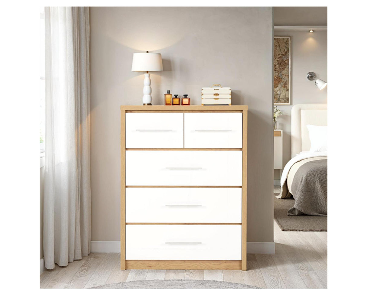 Santos 3+2 Drawer Chest - White High Gloss/Light Oak Effect Veneer