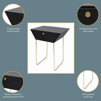 Apollo metal 1 drawer bedside cabinet, black with gold handle and legs