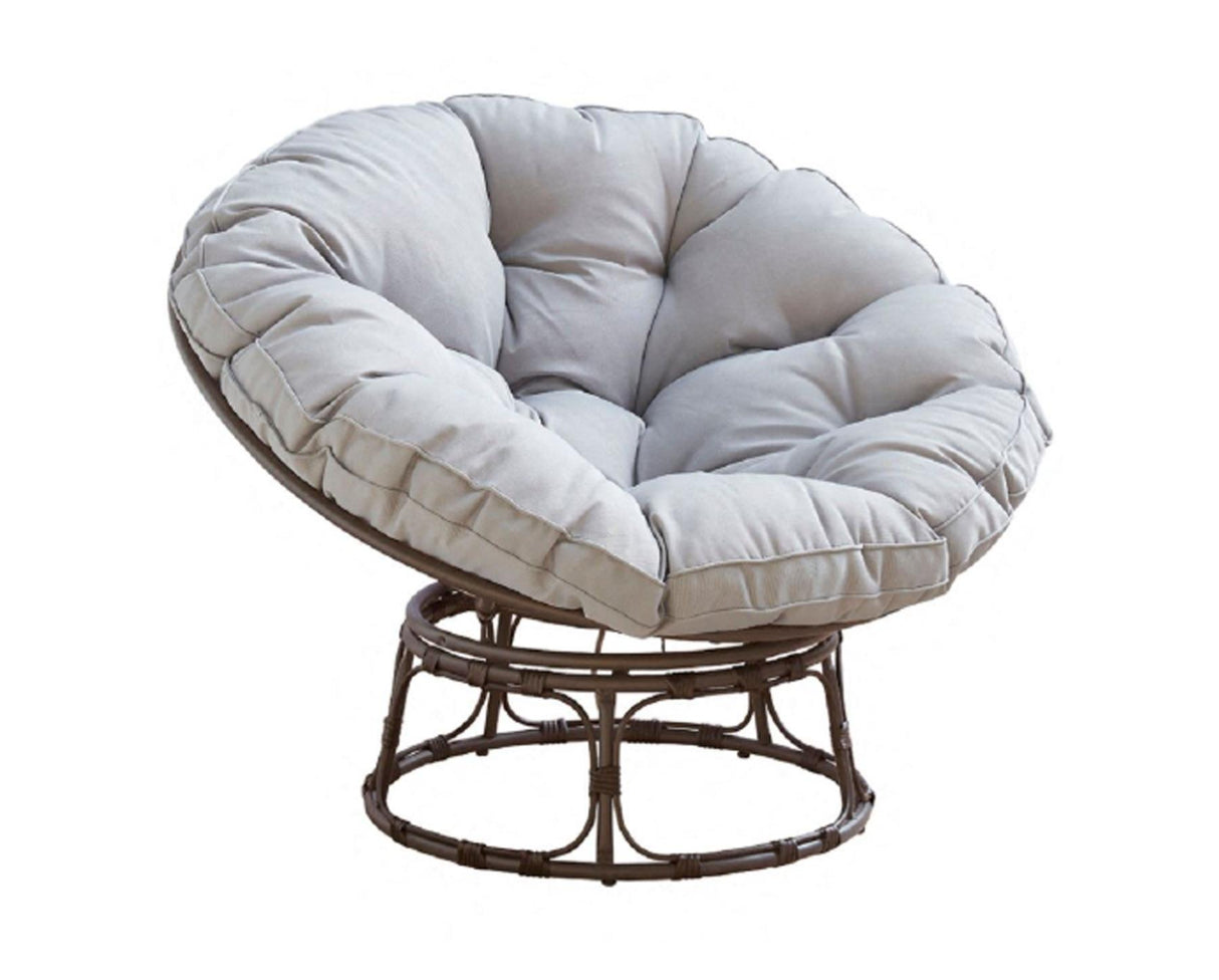 Monica Brown Swivel Moon Chair with Grey Cushions