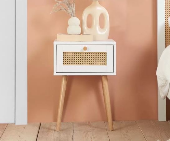 Catalina 1 Drawer Rattan Bedside- White